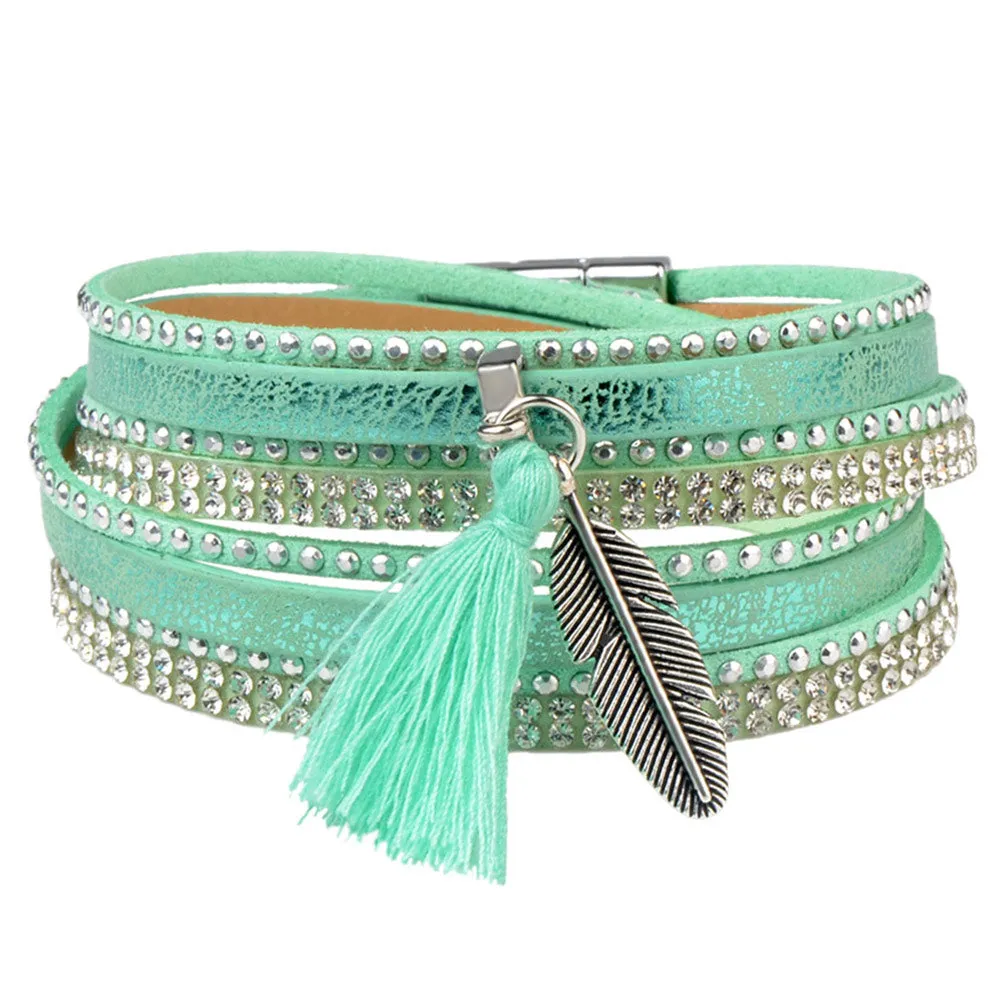 13styles Candy Wide Crystal Leather Velvet Boho Bracelet Magnetic Buckle Bohemian Tassel Bracelet For Women Men Boho Jewelry
