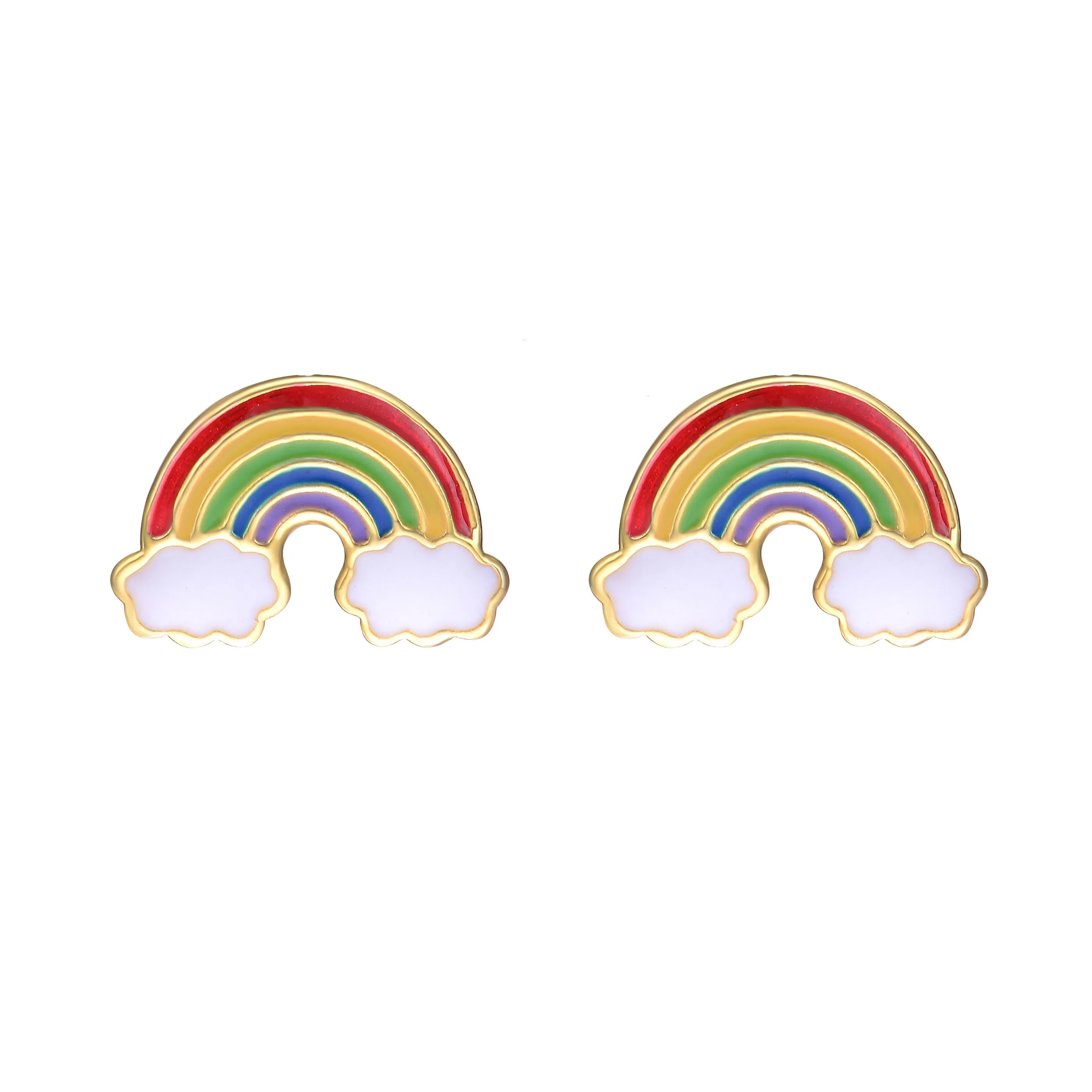 14k Gold Plated Colorful Rainbow Enamel & White Cloud Stud Earrings