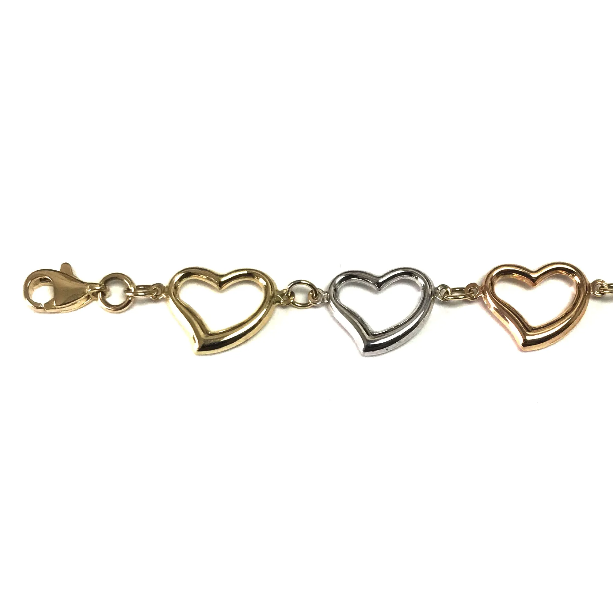 14k Yellow White And Rose Gold Heart Charms Bracelet, 7.5"