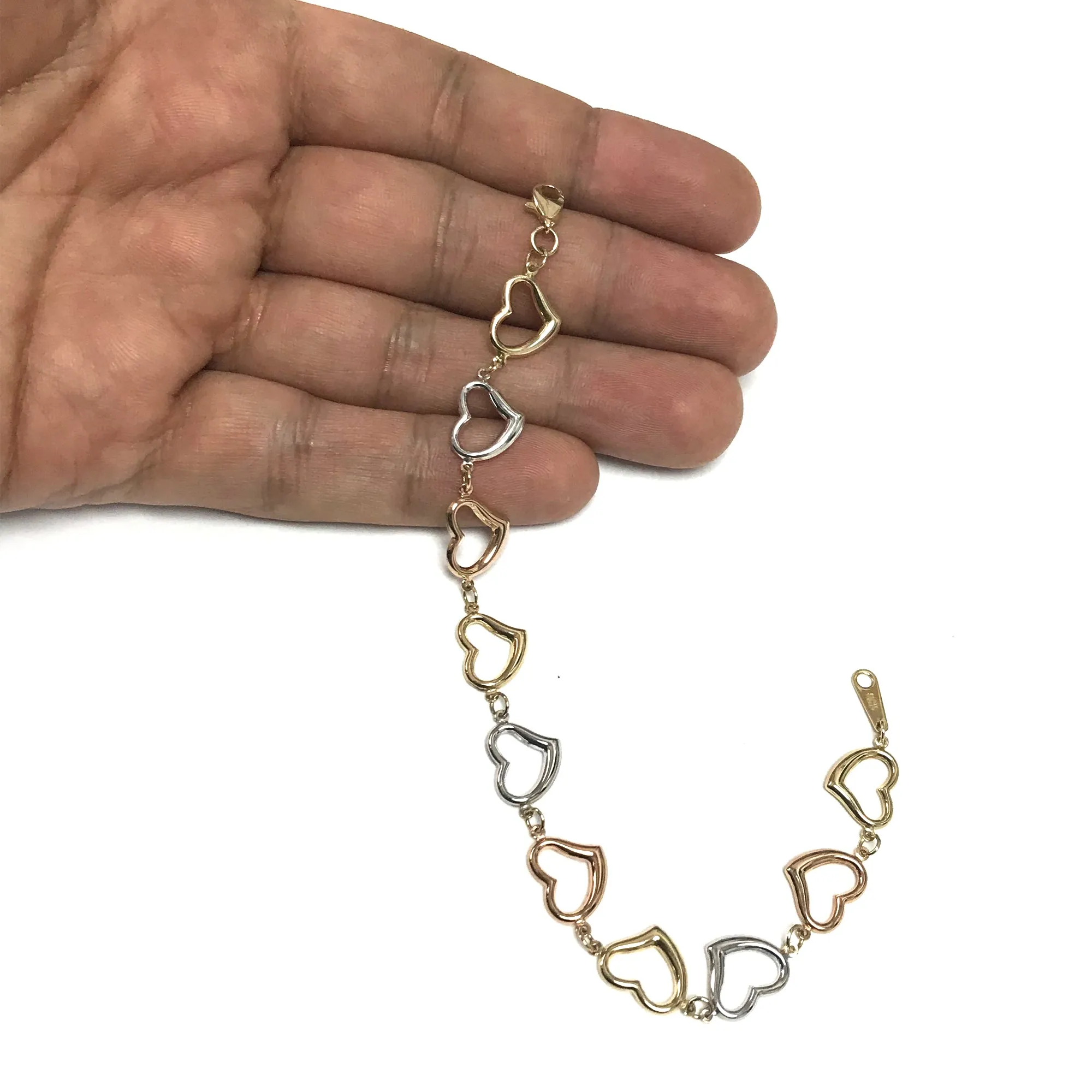 14k Yellow White And Rose Gold Heart Charms Bracelet, 7.5"