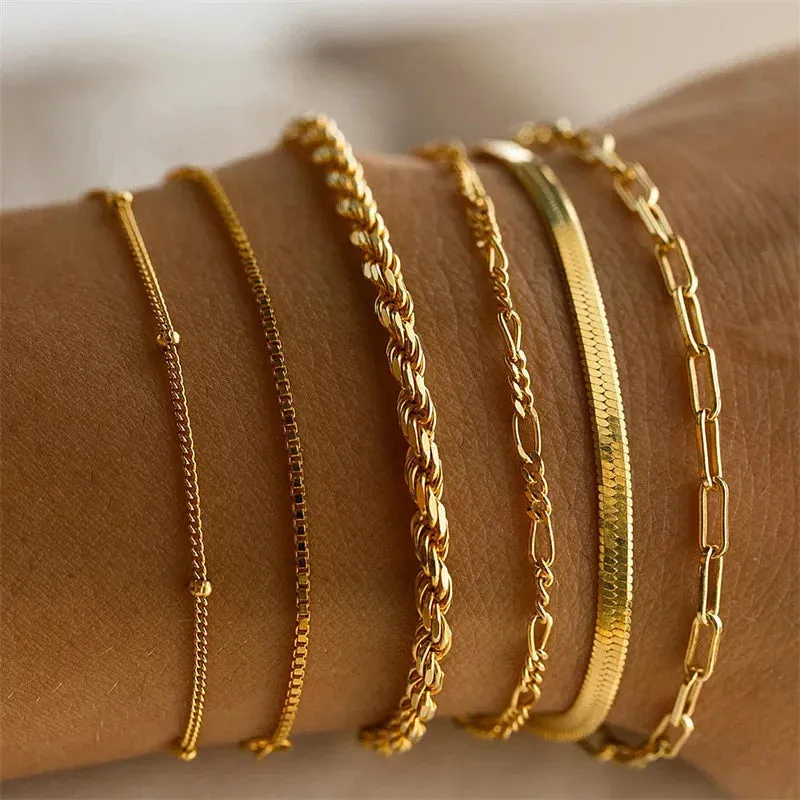 6pcs Boho Retro Thick Twist Cuban Chain Bracelets Set Multi Layer Silver Gold Color for Women Fashion Trendy Quality Jewelry Accessories