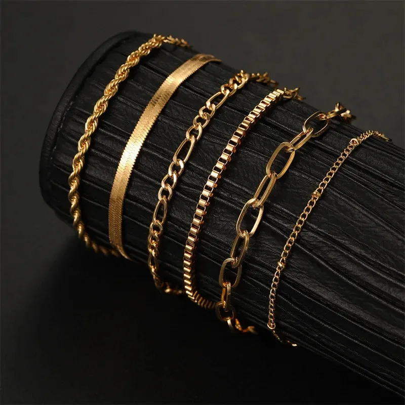 6pcs Boho Retro Thick Twist Cuban Chain Bracelets Set Multi Layer Silver Gold Color for Women Fashion Trendy Quality Jewelry Accessories