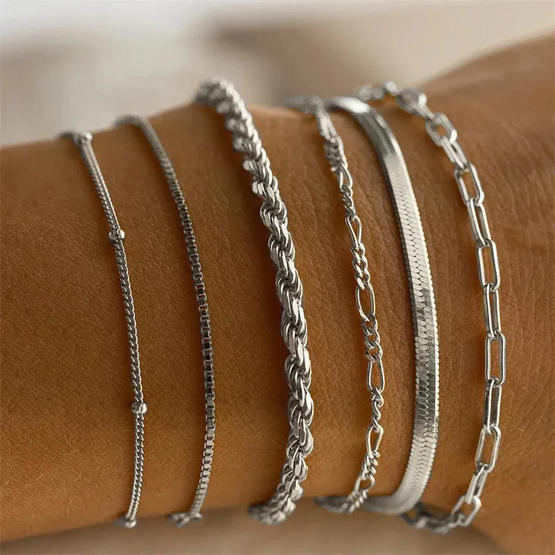 6pcs Boho Retro Thick Twist Cuban Chain Bracelets Set Multi Layer Silver Gold Color for Women Fashion Trendy Quality Jewelry Accessories
