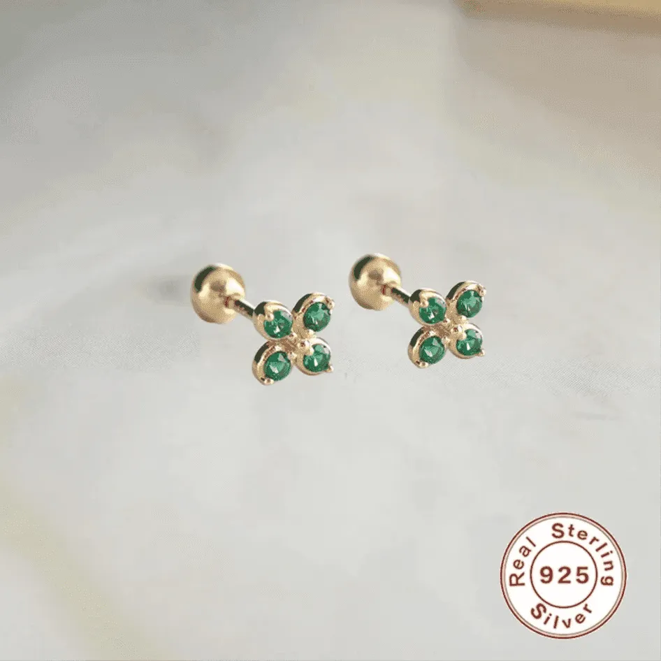 925 Sterling Silver Stud Earrings Charm Jewelry - Green Zircon Flower - Xm241