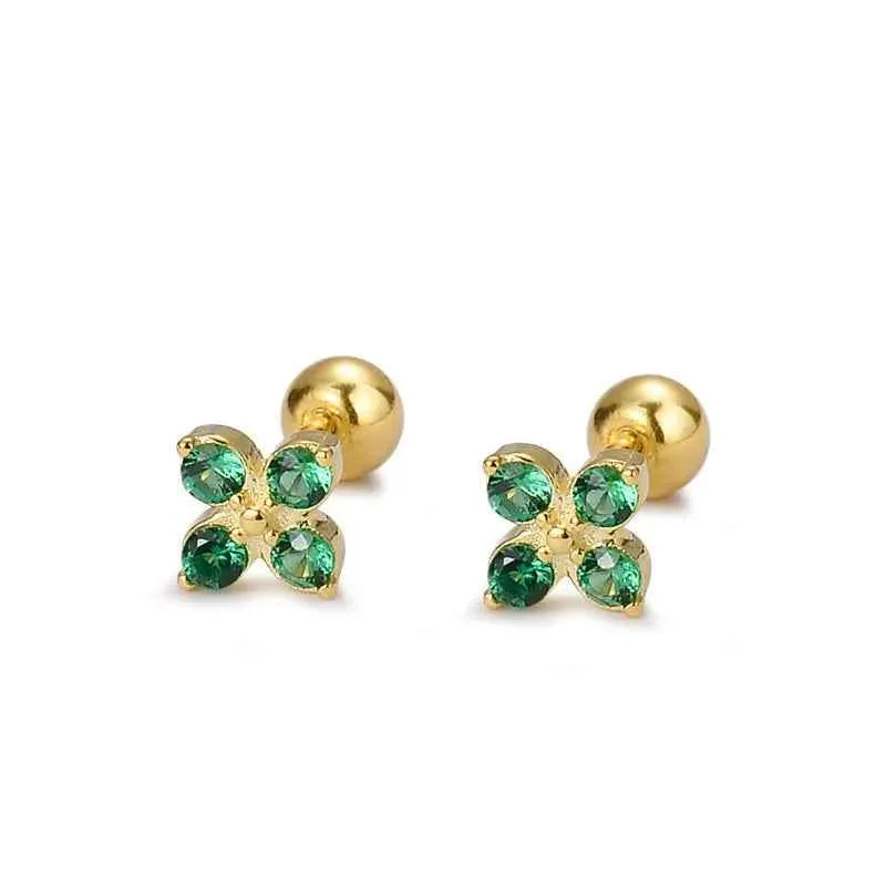 925 Sterling Silver Stud Earrings Charm Jewelry - Green Zircon Flower - Xm241
