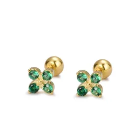 925 Sterling Silver Stud Earrings Charm Jewelry - Green Zircon Flower - Xm241
