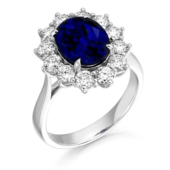9ct White Gold Lady Di Style Sapphire And Cz Cluster Ring