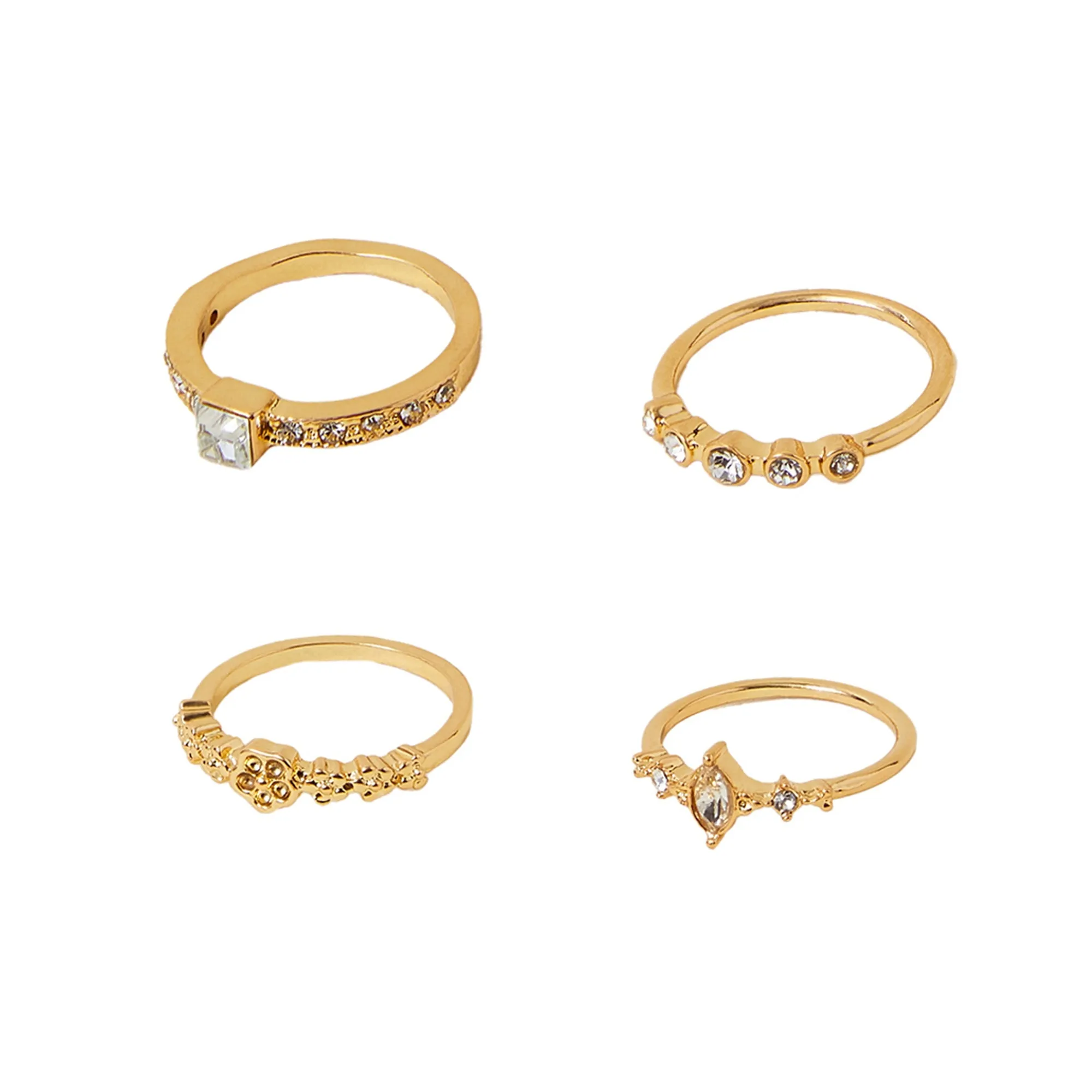 Accessorize London Women Gold Flower Sparkle Rings White Pack Of 4-Large