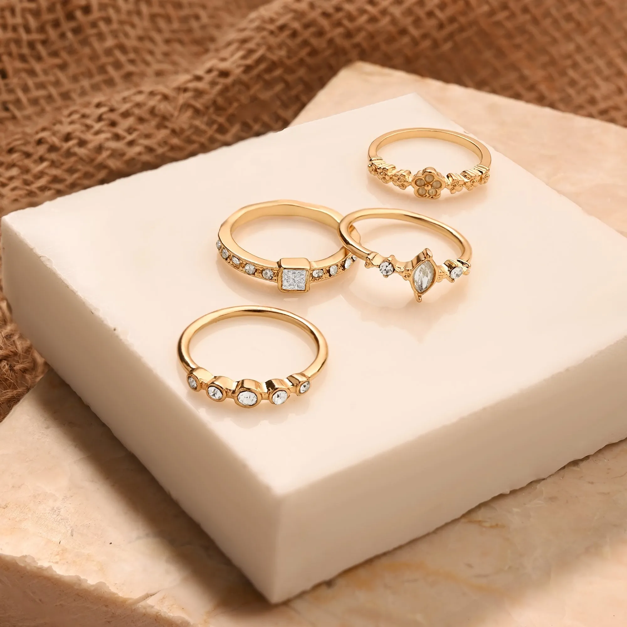 Accessorize London Women Gold Flower Sparkle Rings White Pack Of 4-Large