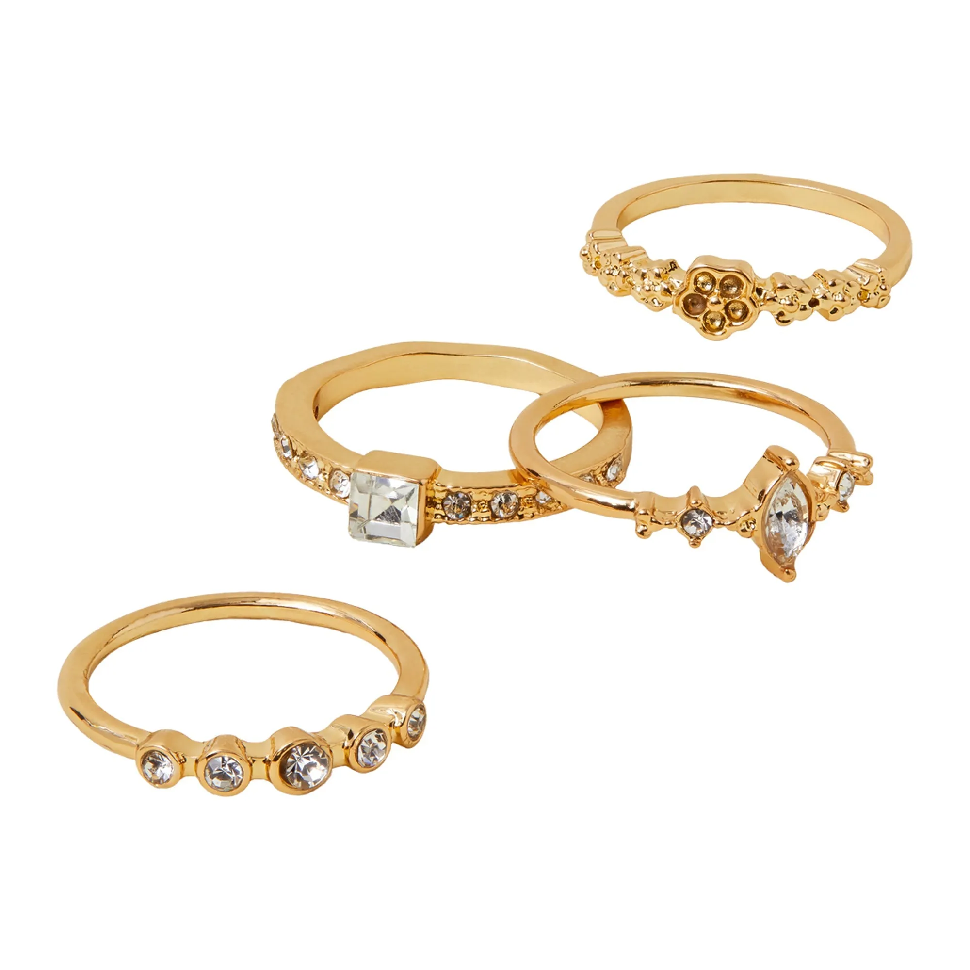 Accessorize London Women Gold Flower Sparkle Rings White Pack Of 4-Large