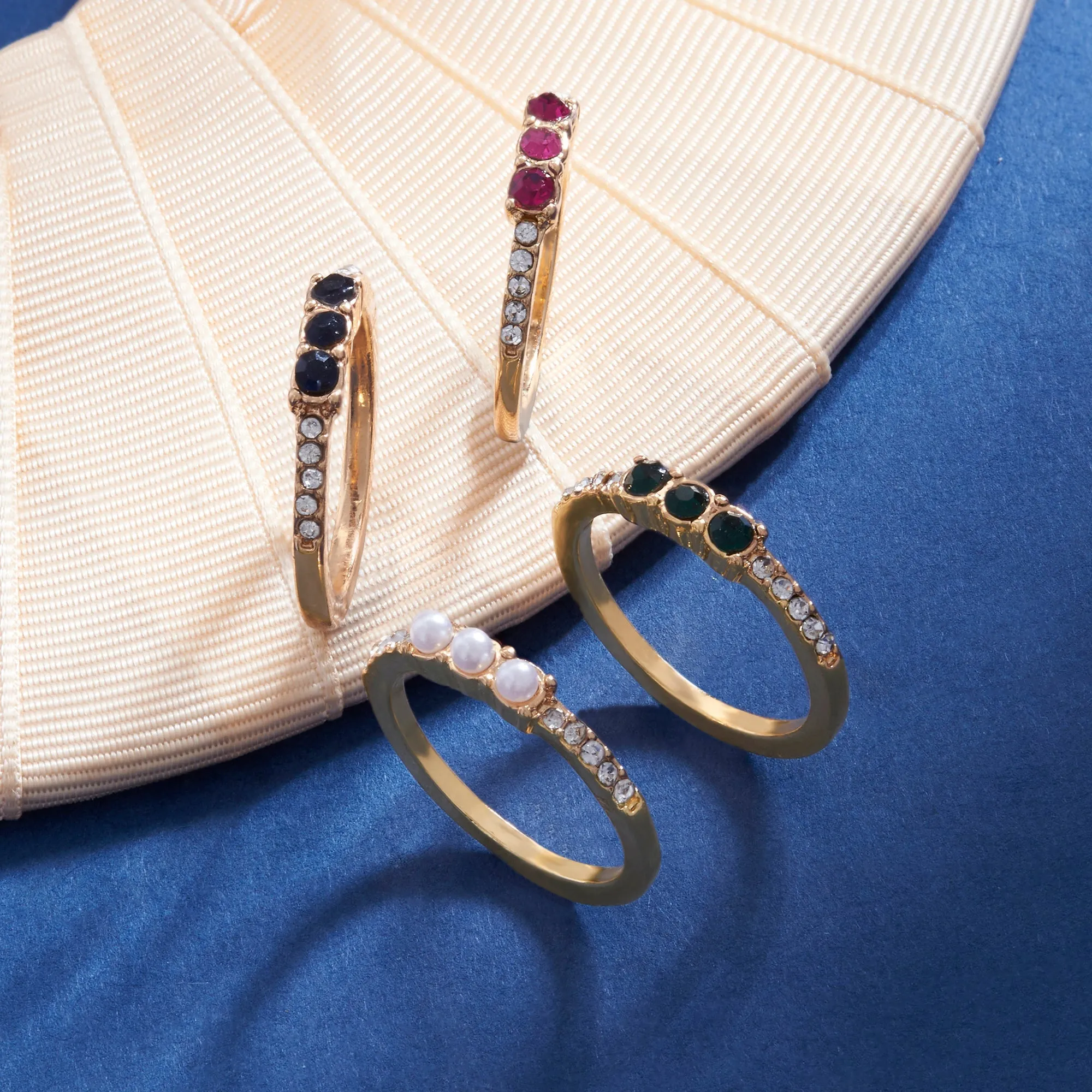 Accessorize London Women's Multi Willow Set of 4 Gems & Pearls Rings-Small