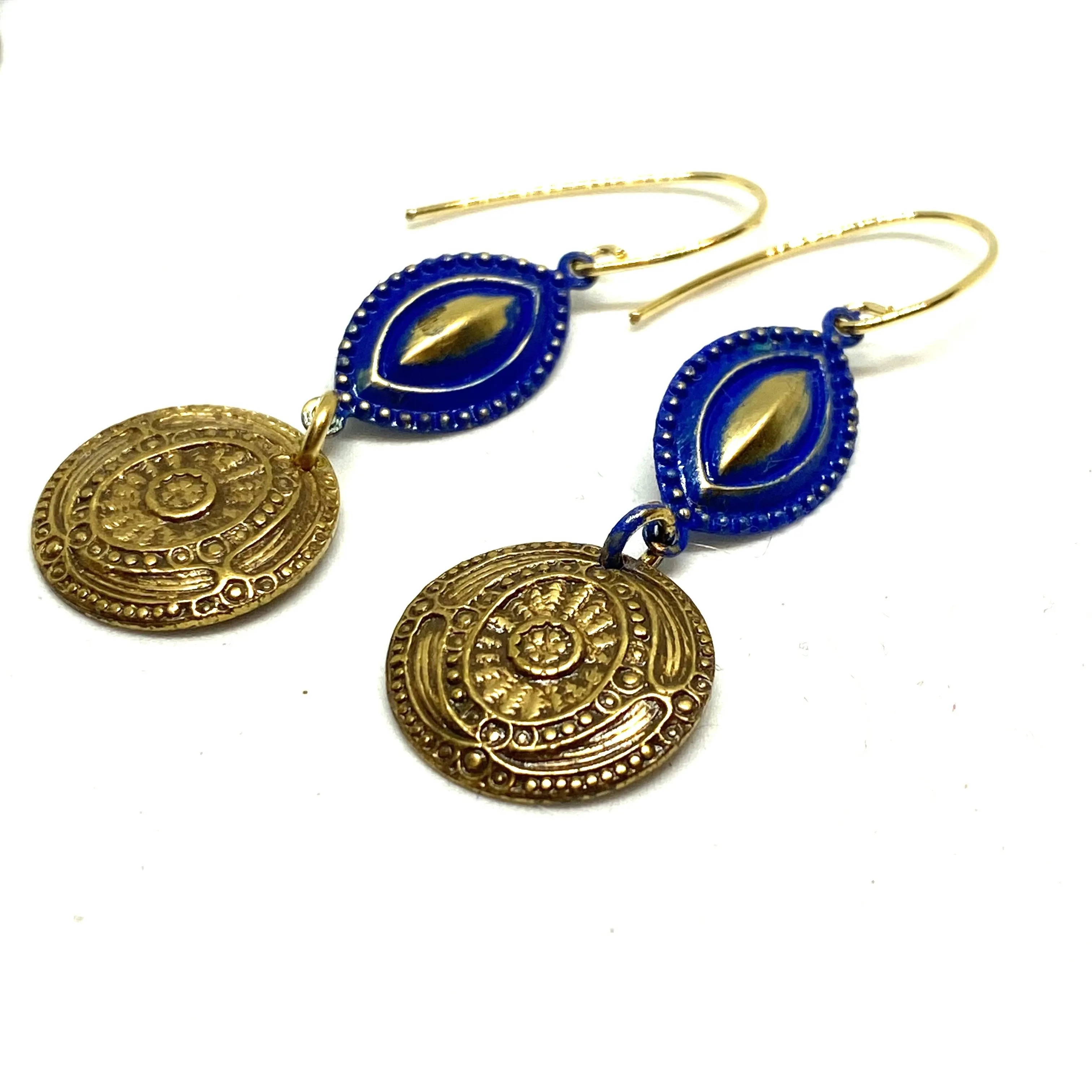 Ancient Coin Blue Accent Dangle Earrings
