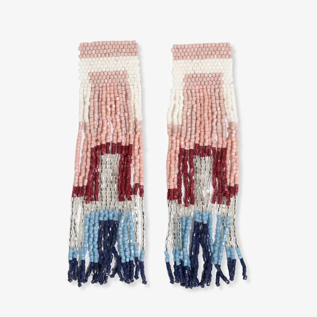 Belle Geo Shapes Beaded Fringe Earrings Navy   Silver
