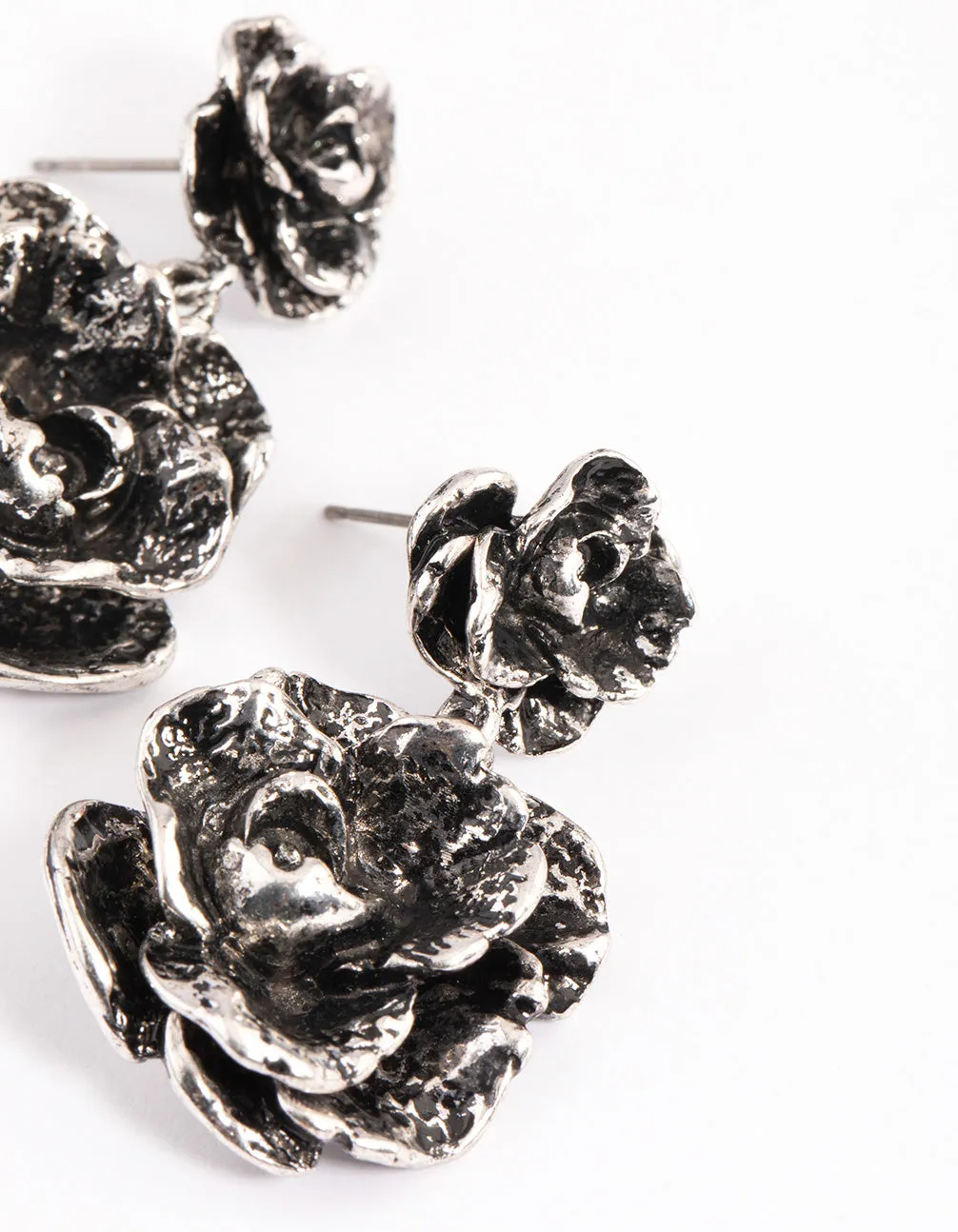 Brushed Silver Double Rose Drop Earrings