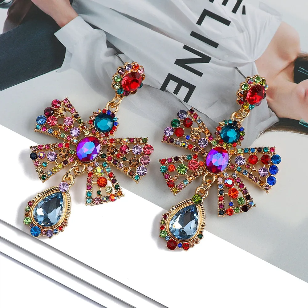Charm Sweet Pink Bowknot Metal Inlay Imitation Pearl Colorful Crystal Dangle Earrings For Women