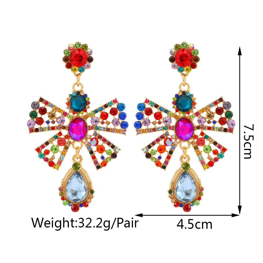 Charm Sweet Pink Bowknot Metal Inlay Imitation Pearl Colorful Crystal Dangle Earrings For Women