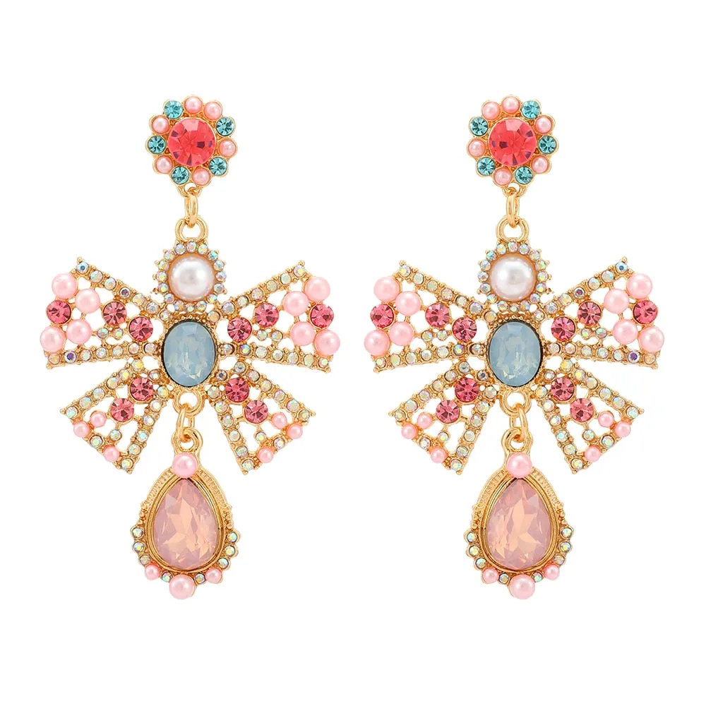 Charm Sweet Pink Bowknot Metal Inlay Imitation Pearl Colorful Crystal Dangle Earrings For Women
