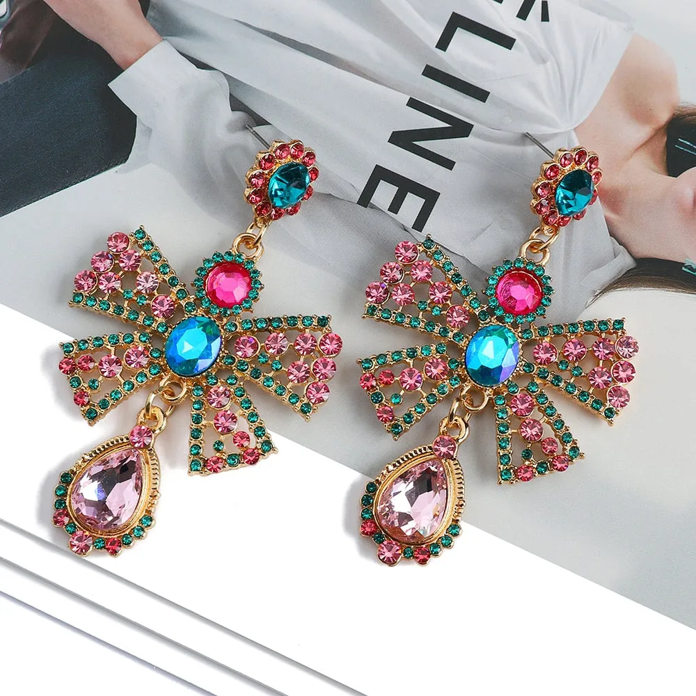 Charm Sweet Pink Bowknot Metal Inlay Imitation Pearl Colorful Crystal Dangle Earrings For Women
