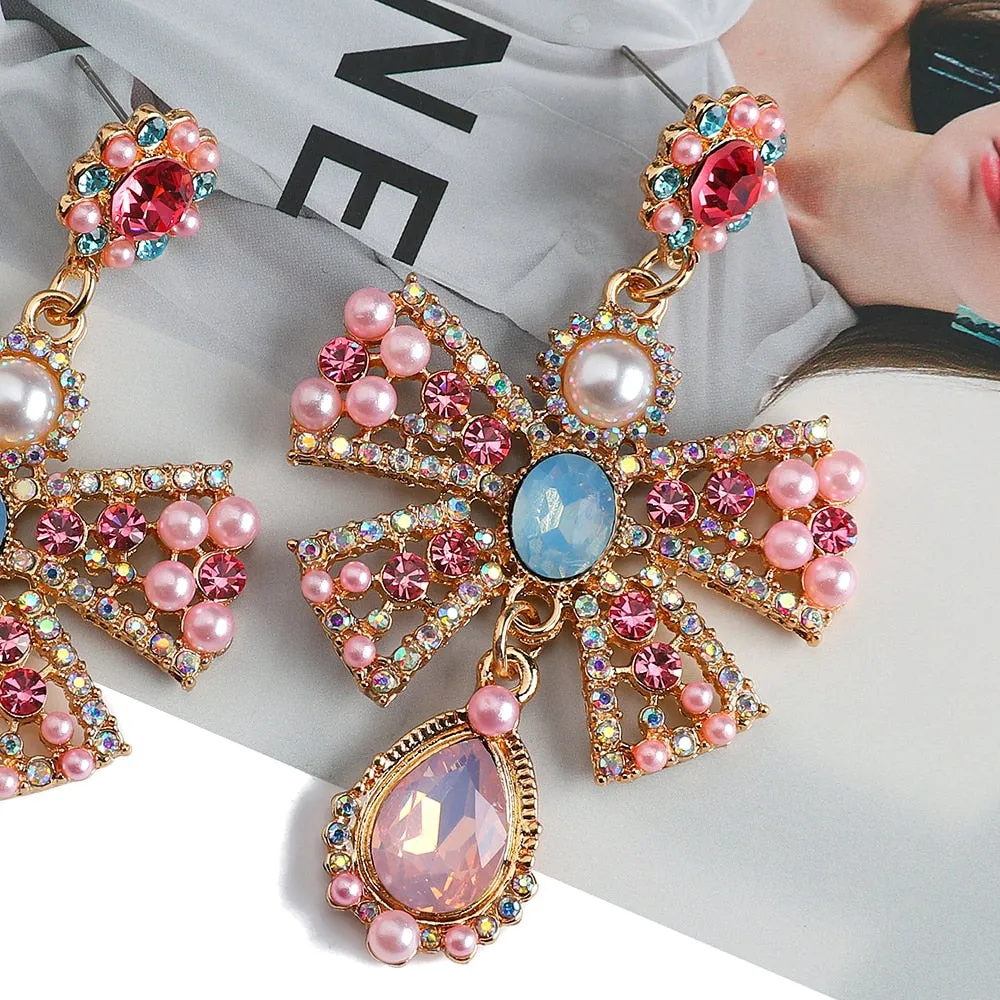 Charm Sweet Pink Bowknot Metal Inlay Imitation Pearl Colorful Crystal Dangle Earrings For Women