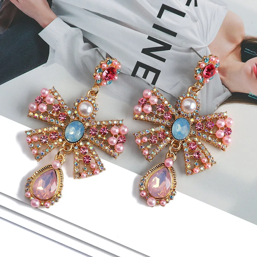 Charm Sweet Pink Bowknot Metal Inlay Imitation Pearl Colorful Crystal Dangle Earrings For Women