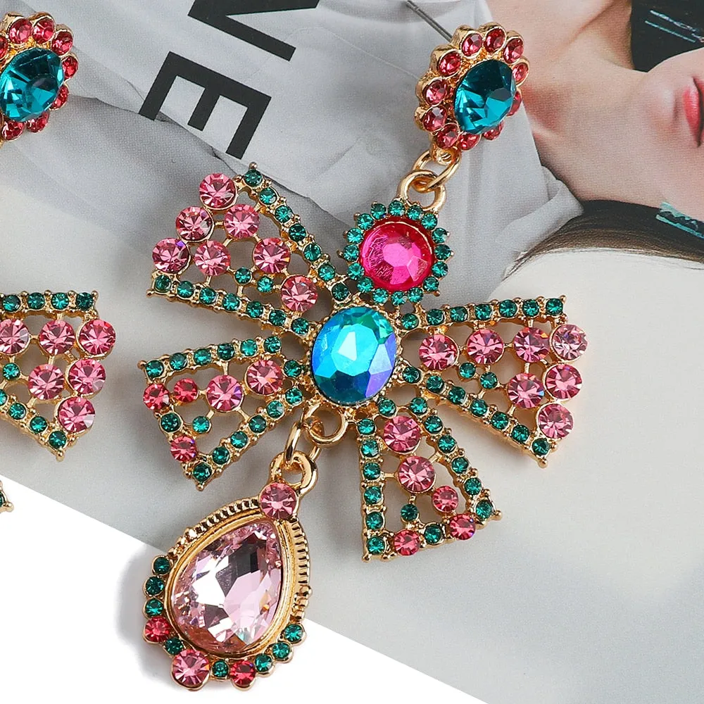 Charm Sweet Pink Bowknot Metal Inlay Imitation Pearl Colorful Crystal Dangle Earrings For Women
