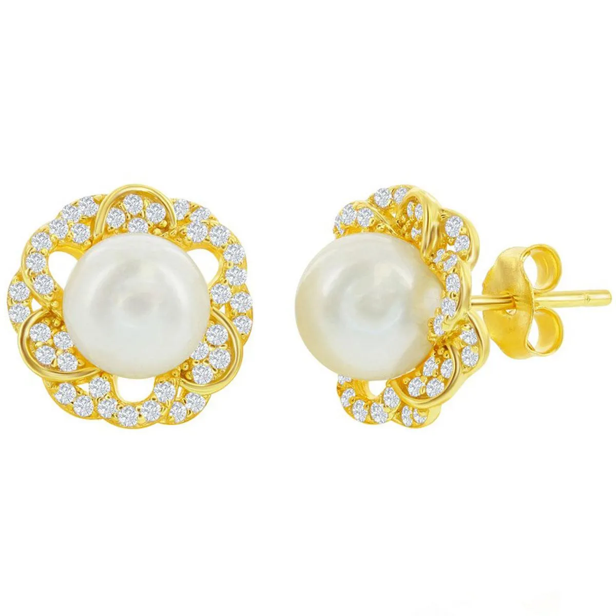 Classic Women's Earrings - Gold Plated CZ Flower with 7mm Round FWP Stud | D-8210