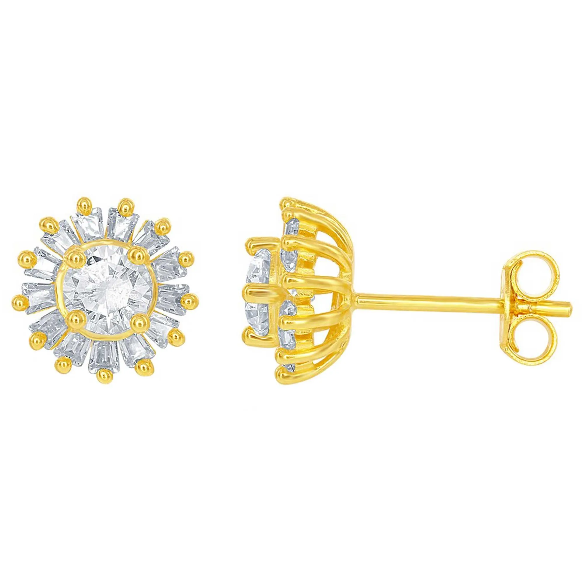 Classic Women's Earrings - Small Round CZ with Baguette Border Stud | D-6040