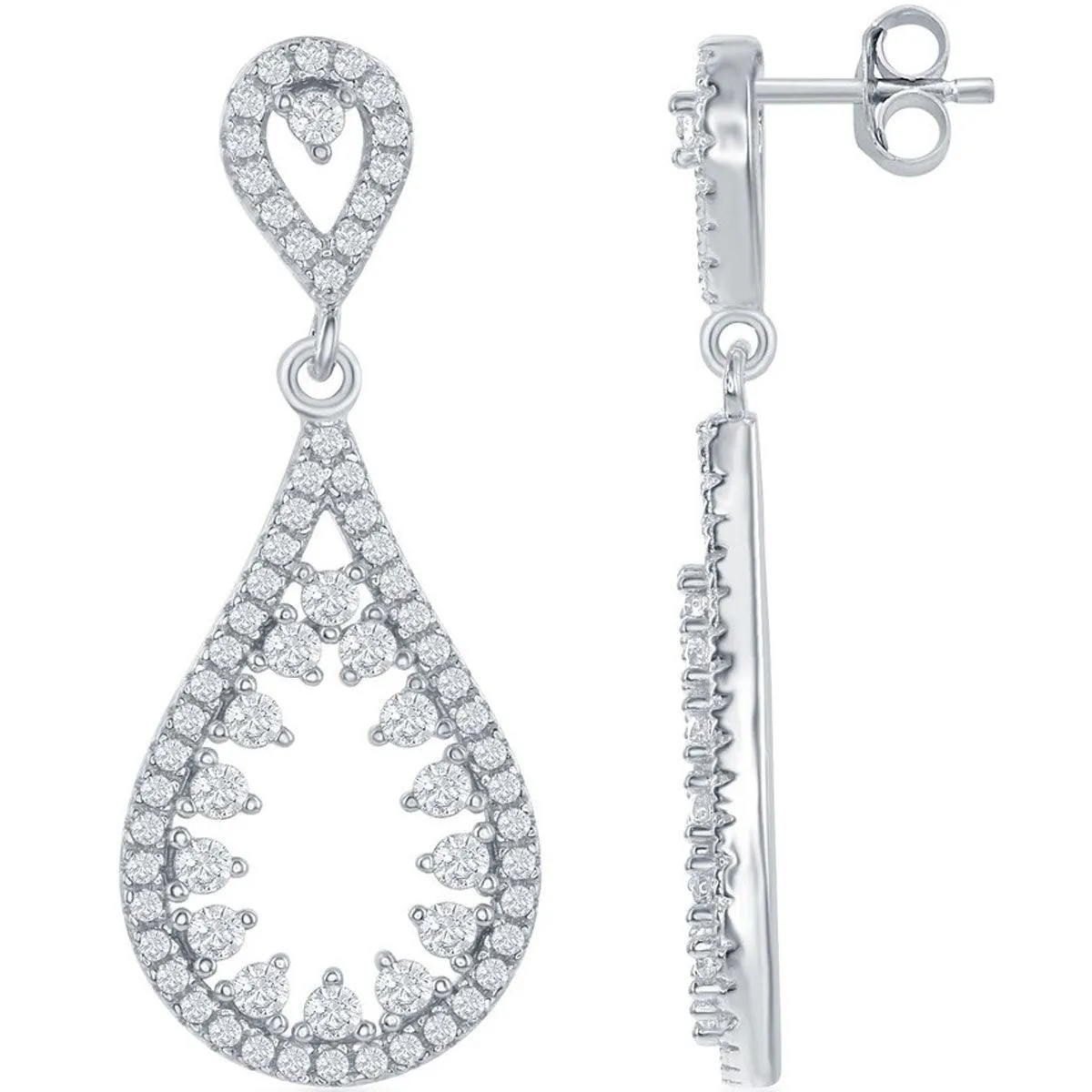 Classic Women's Earrings - Sterling Silver Open Teardrop with White CZ Center | D-6387