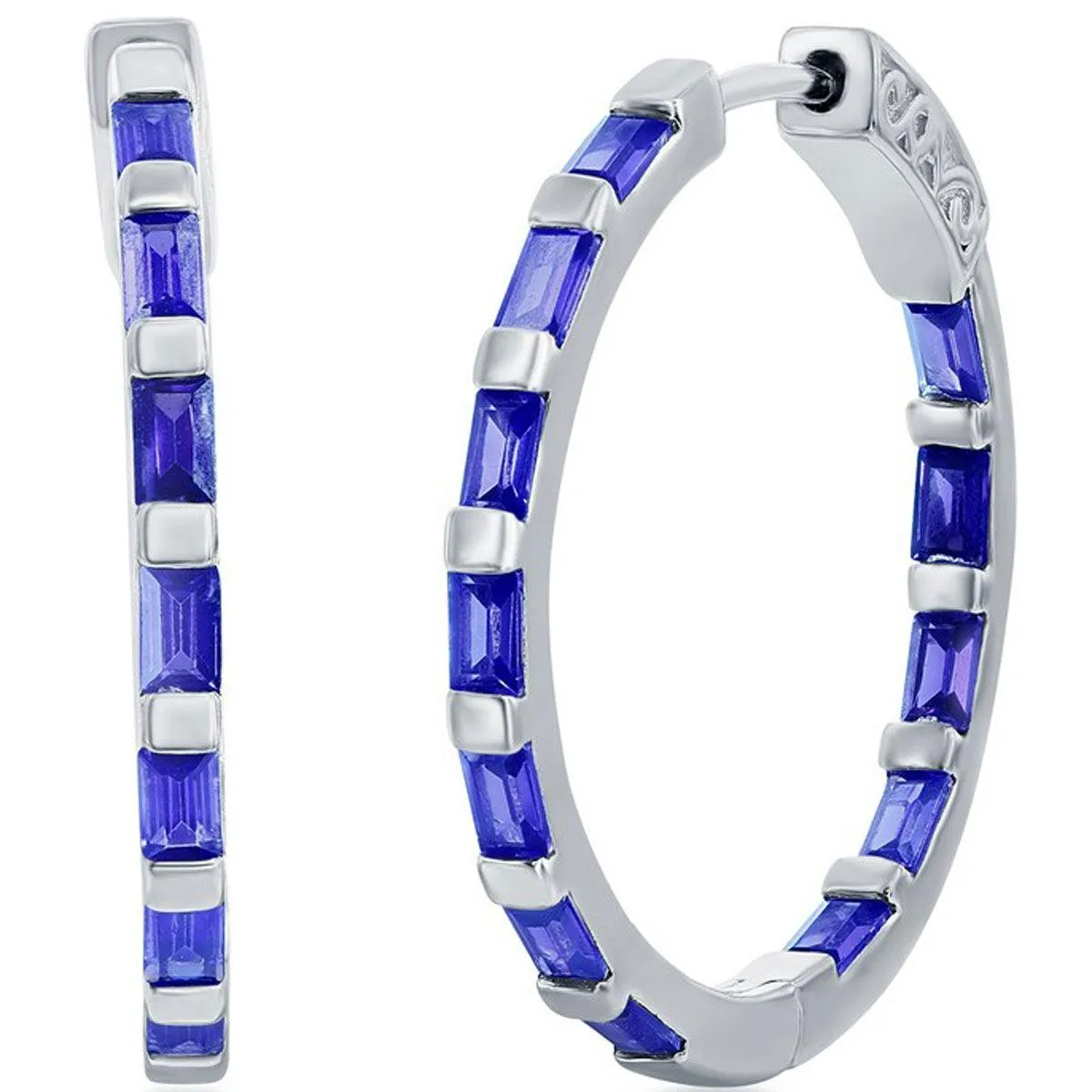 Classic Women's Earrings - Sterling Silver Sapphire CZ Baguette 25mm Hoop | D-8200
