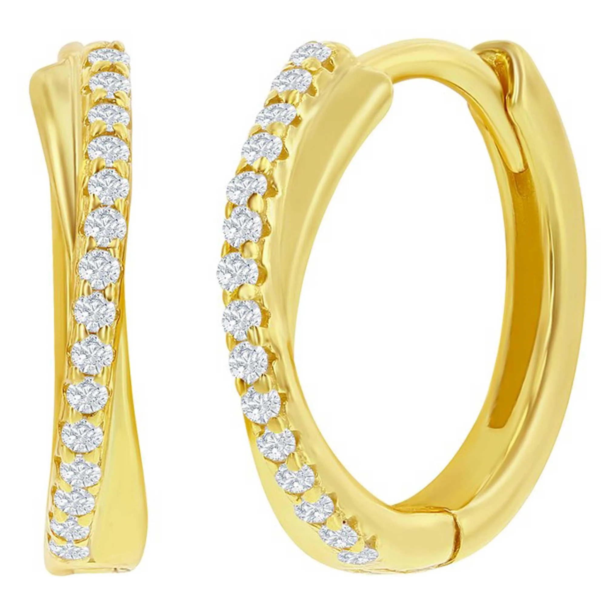 Classic Women's Earrings - YG Plated Sterling 'X' Design CZ 15mm Hoop | D-8324-GP