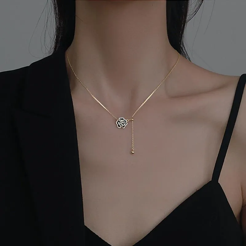 Copper Alloy Necklaces Charm Jewelry NCJSO12 Elegant Black Camellia