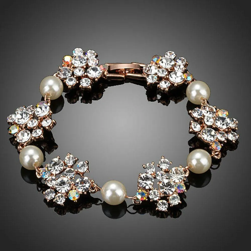 Crystal Flowers with Pearls Bracelet