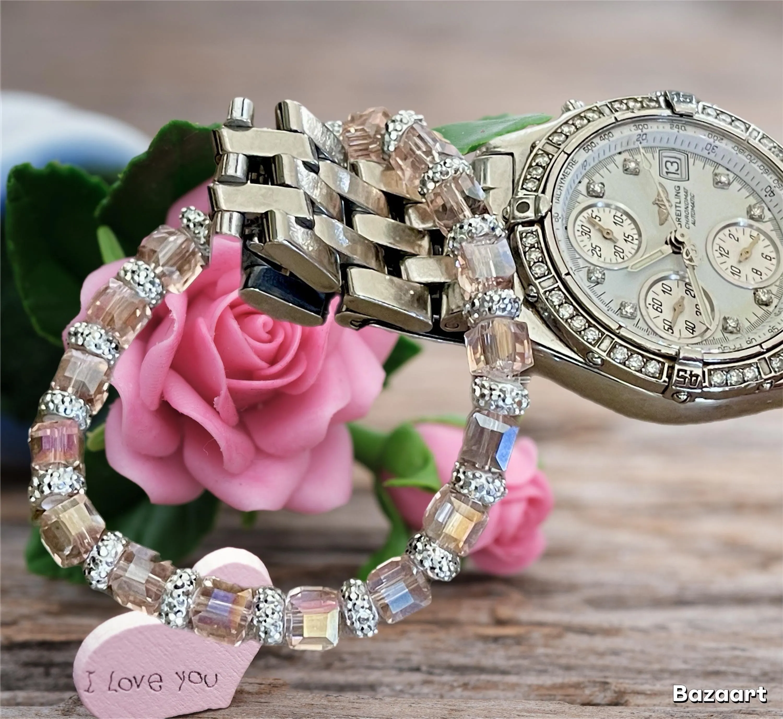 Custom Bling Bracelets, Women’s Jewelry, Pink Silver Crystal Bracelets, Pink AB Iridescent Rhinestones with Silver Crystal Beading