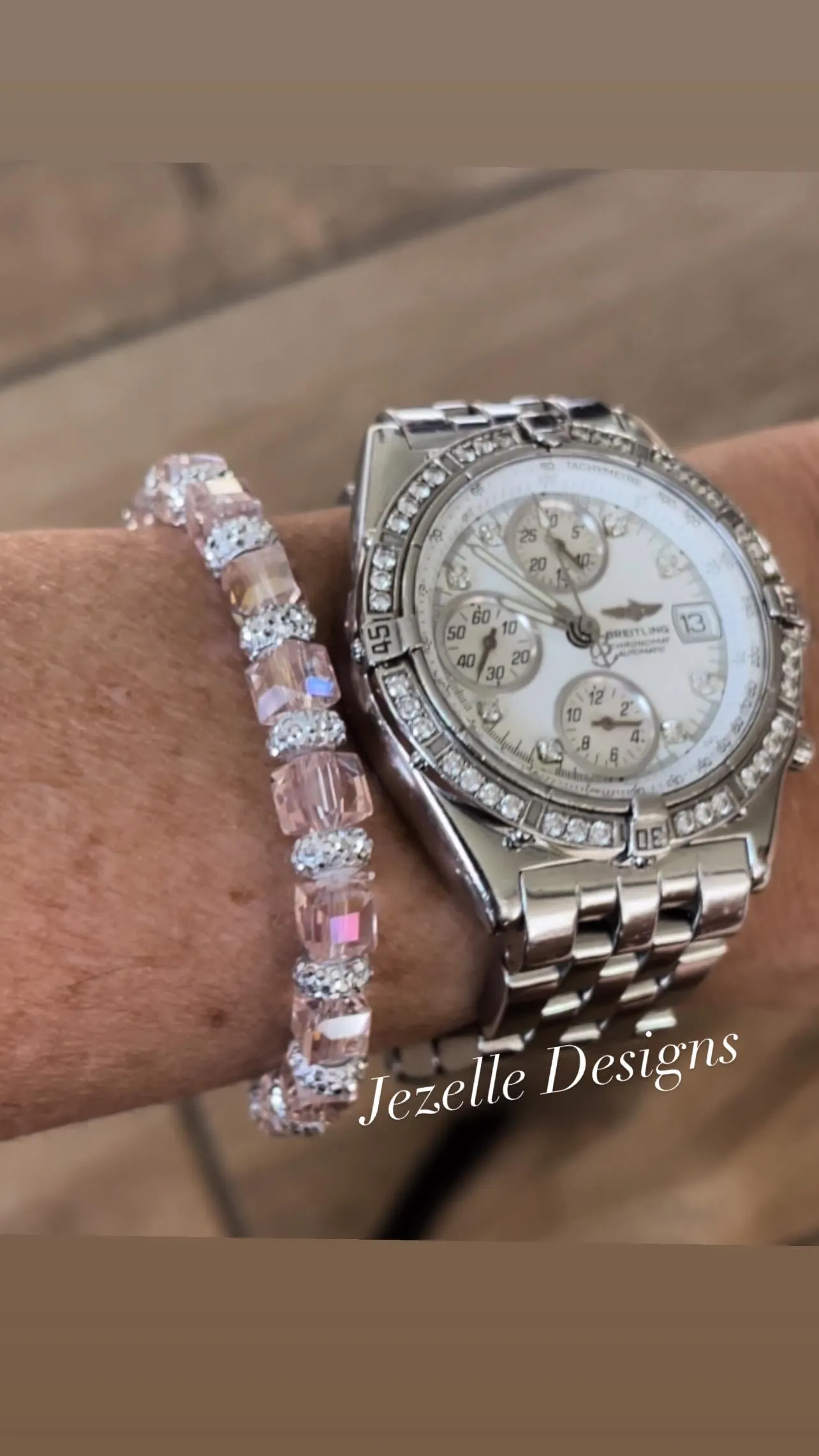 Custom Bling Bracelets, Women’s Jewelry, Pink Silver Crystal Bracelets, Pink AB Iridescent Rhinestones with Silver Crystal Beading