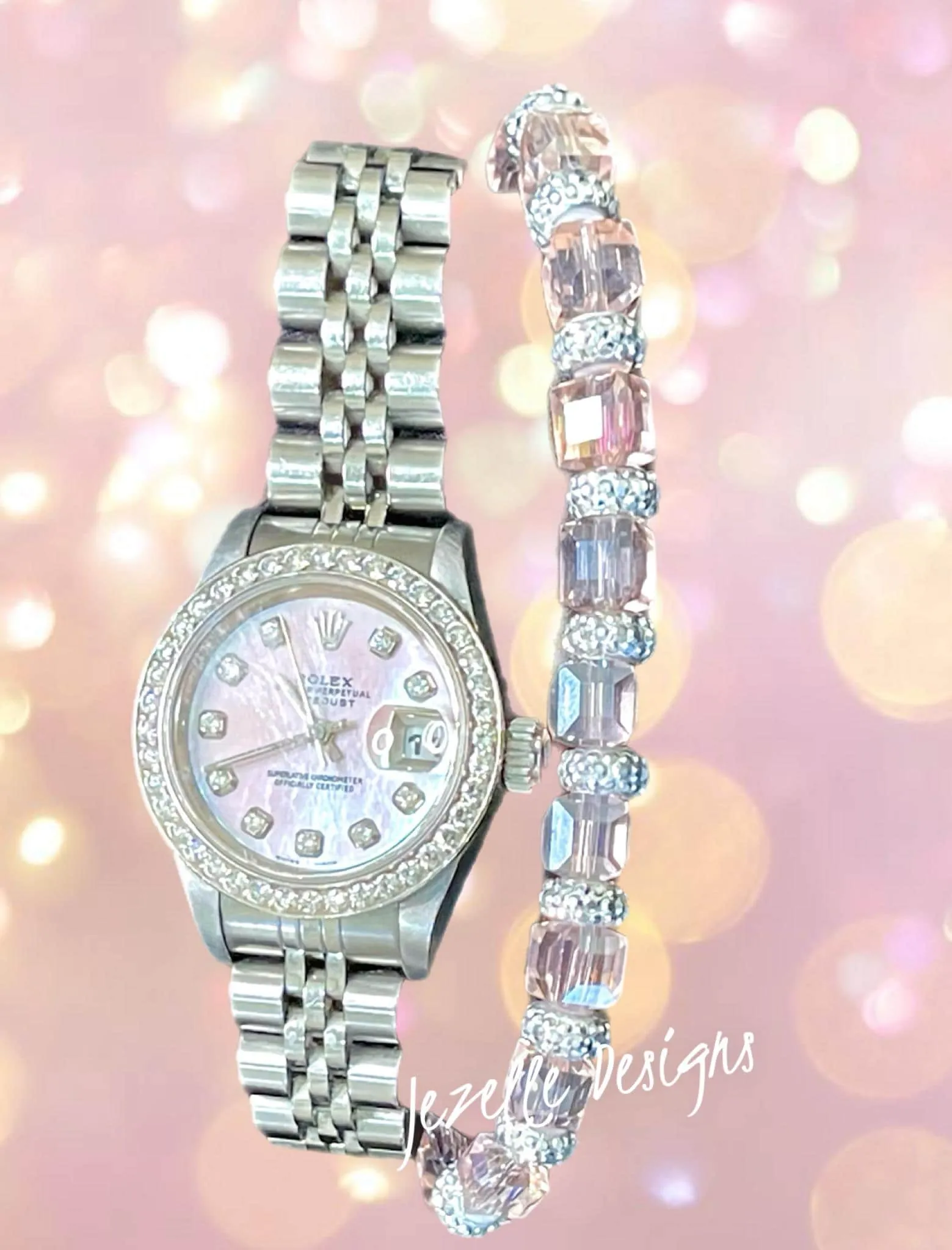 Custom Bling Bracelets, Women’s Jewelry, Pink Silver Crystal Bracelets, Pink AB Iridescent Rhinestones with Silver Crystal Beading