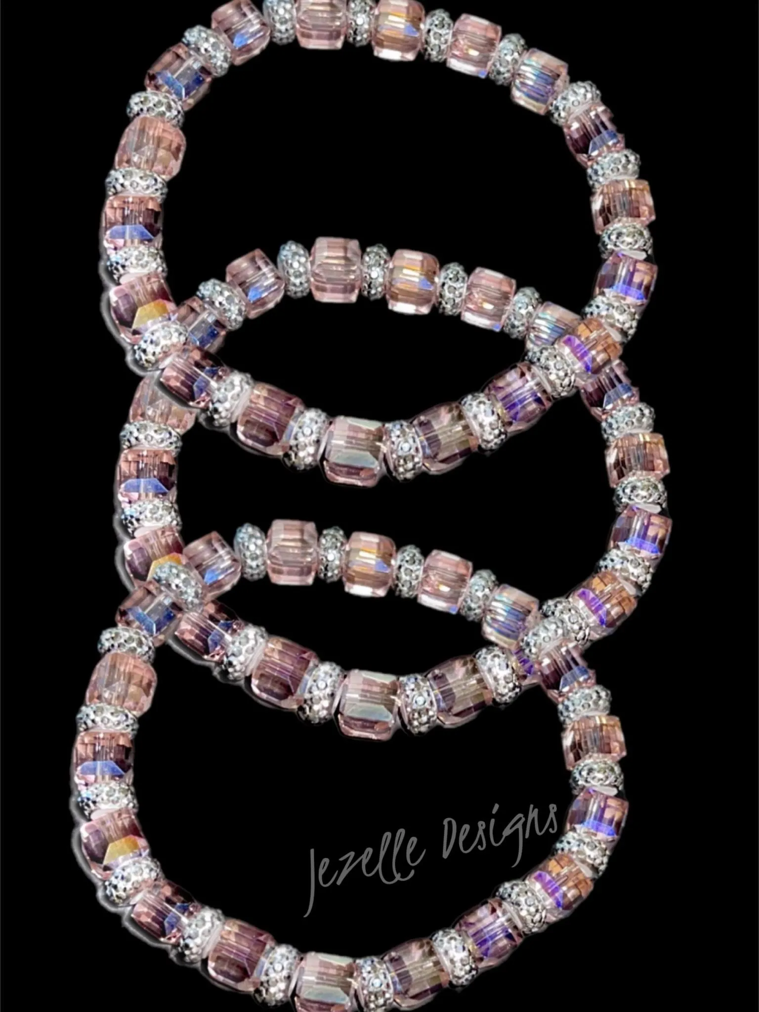 Custom Bling Bracelets, Women’s Jewelry, Pink Silver Crystal Bracelets, Pink AB Iridescent Rhinestones with Silver Crystal Beading