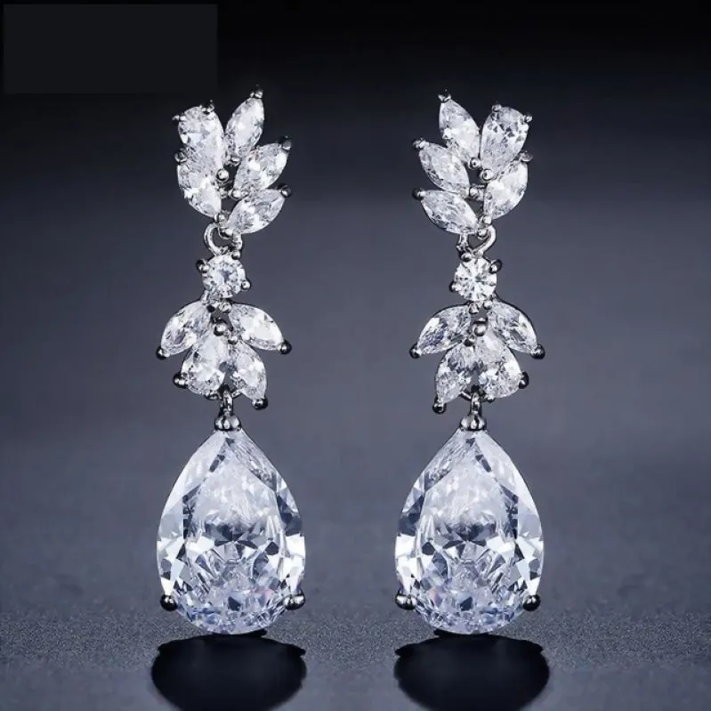 Dainty Cubic Zirconia Water Drop Crystal Dangle Bridal Earrings
