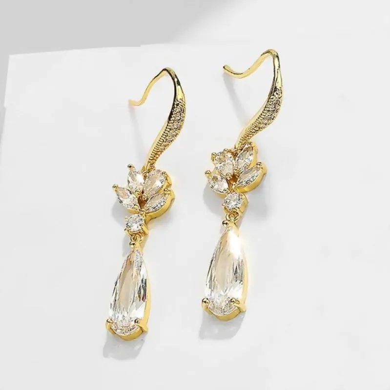 Dainty Cubic Zirconia Water Drop Crystal Dangle Bridal Earrings