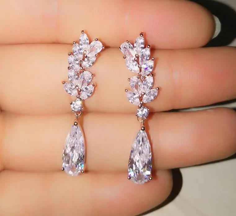 Dainty Cubic Zirconia Water Drop Crystal Dangle Bridal Earrings