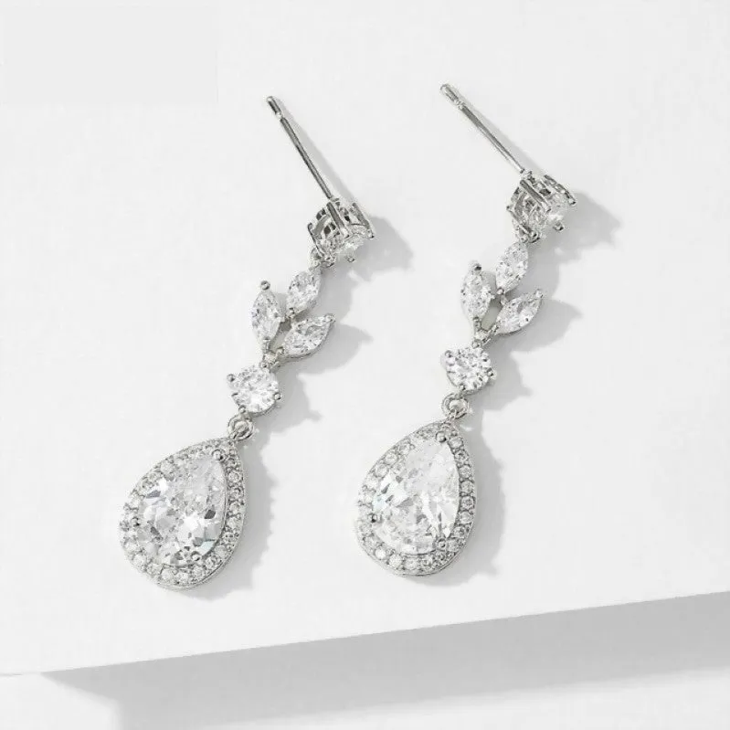 Dainty Cubic Zirconia Water Drop Crystal Dangle Bridal Earrings