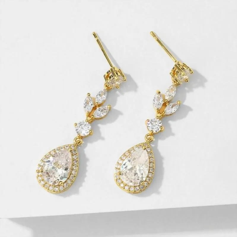 Dainty Cubic Zirconia Water Drop Crystal Dangle Bridal Earrings