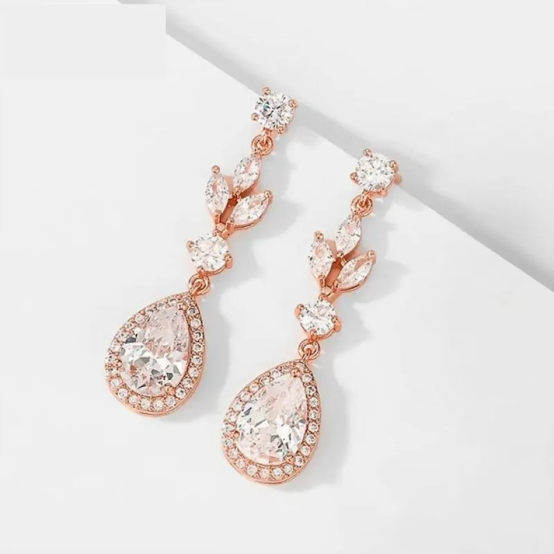 Dainty Cubic Zirconia Water Drop Crystal Dangle Bridal Earrings