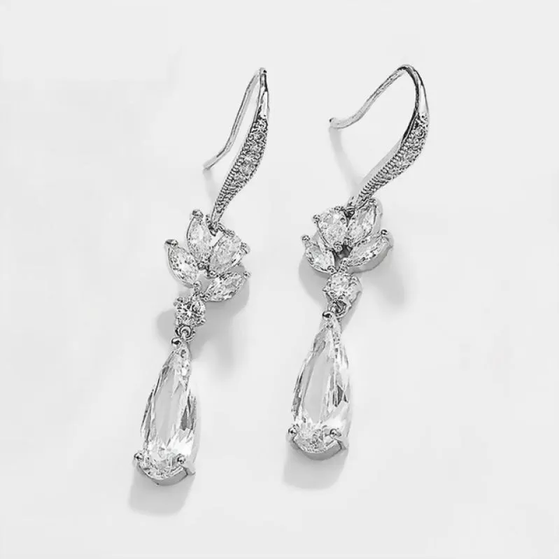 Dainty Cubic Zirconia Water Drop Crystal Dangle Bridal Earrings