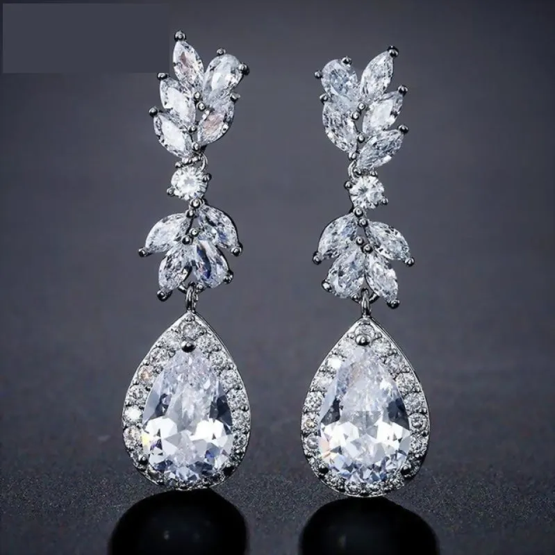 Dainty Cubic Zirconia Water Drop Crystal Dangle Bridal Earrings