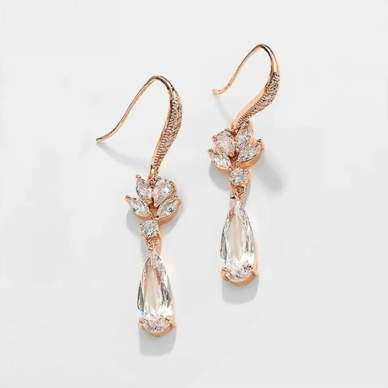 Dainty Cubic Zirconia Water Drop Crystal Dangle Bridal Earrings