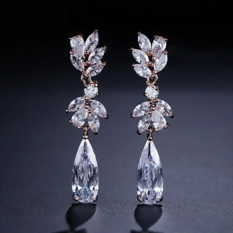 Dainty Cubic Zirconia Water Drop Crystal Dangle Bridal Earrings