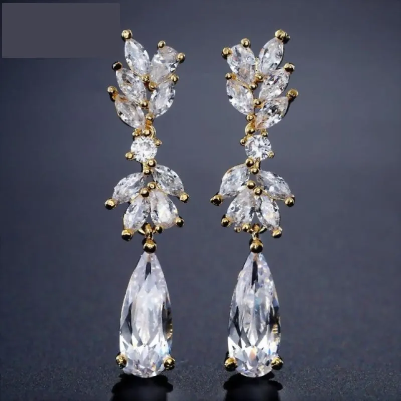 Dainty Cubic Zirconia Water Drop Crystal Dangle Bridal Earrings
