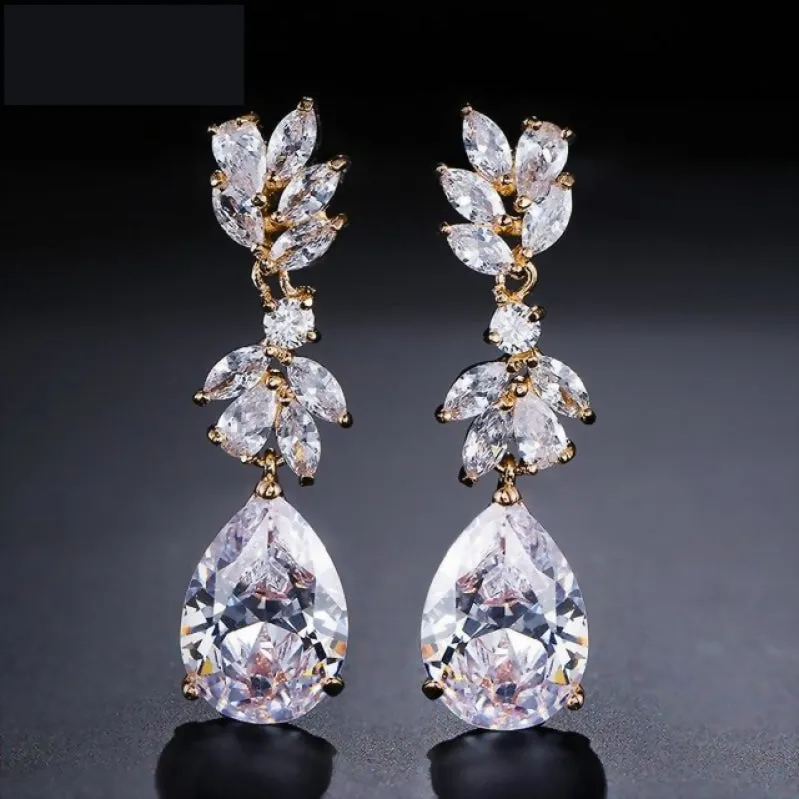 Dainty Cubic Zirconia Water Drop Crystal Dangle Bridal Earrings