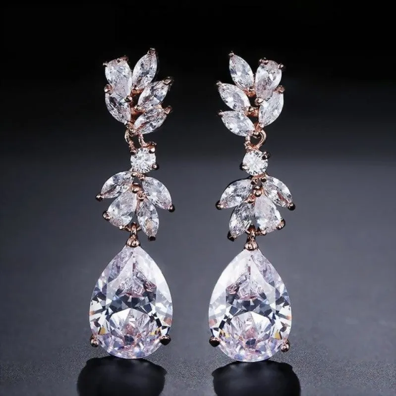 Dainty Cubic Zirconia Water Drop Crystal Dangle Bridal Earrings