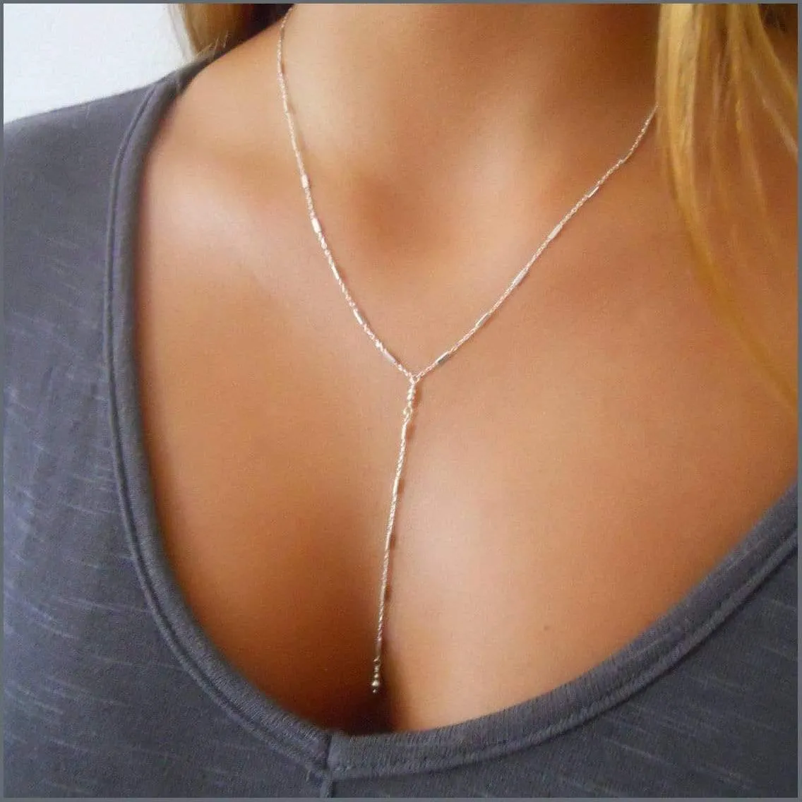Dainty Sterling Silver Lariat Y Necklace Chain with Tiny Tubes
